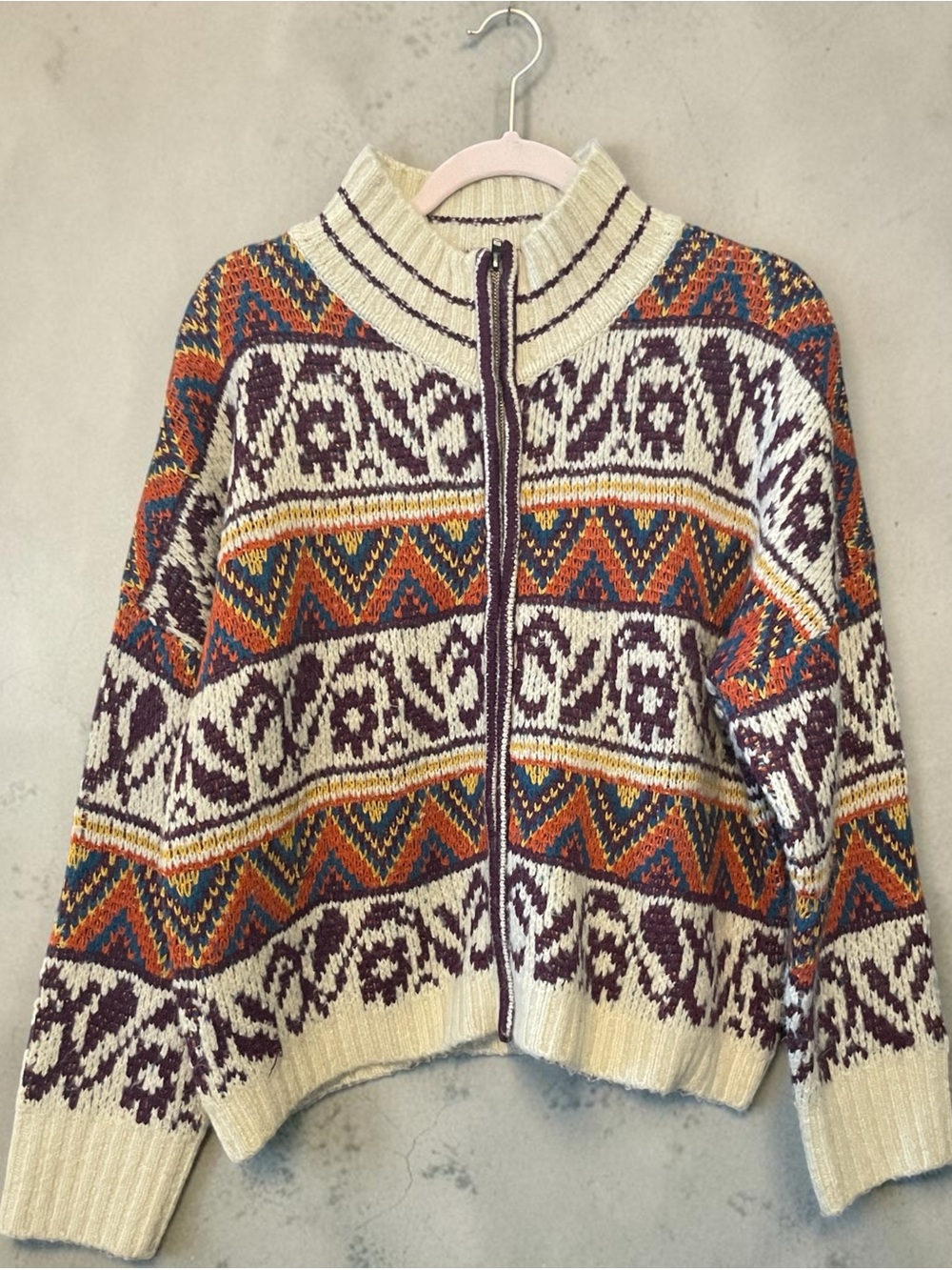 Sloan Rouge Boheme Zip Up Cardigan Sweater in Cream, Rust & Teal